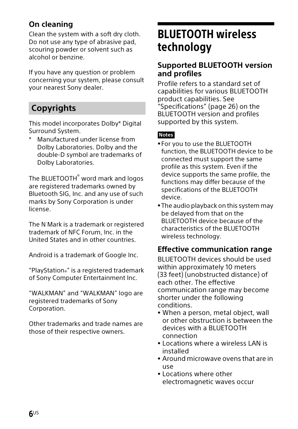 Bluetooth wireless technology, Copyrights, On cleaning | Supported bluetooth version and profiles, Effective communication range | Sony HT-CT60BT User Manual | Page 6 / 88
