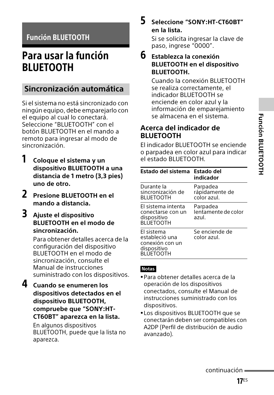 Función bluetooth, Para usar la función bluetooth, Para usar la función | Bluetooth, Función bluetooth sincronización automática | Sony HT-CT60BT User Manual | Page 73 / 88