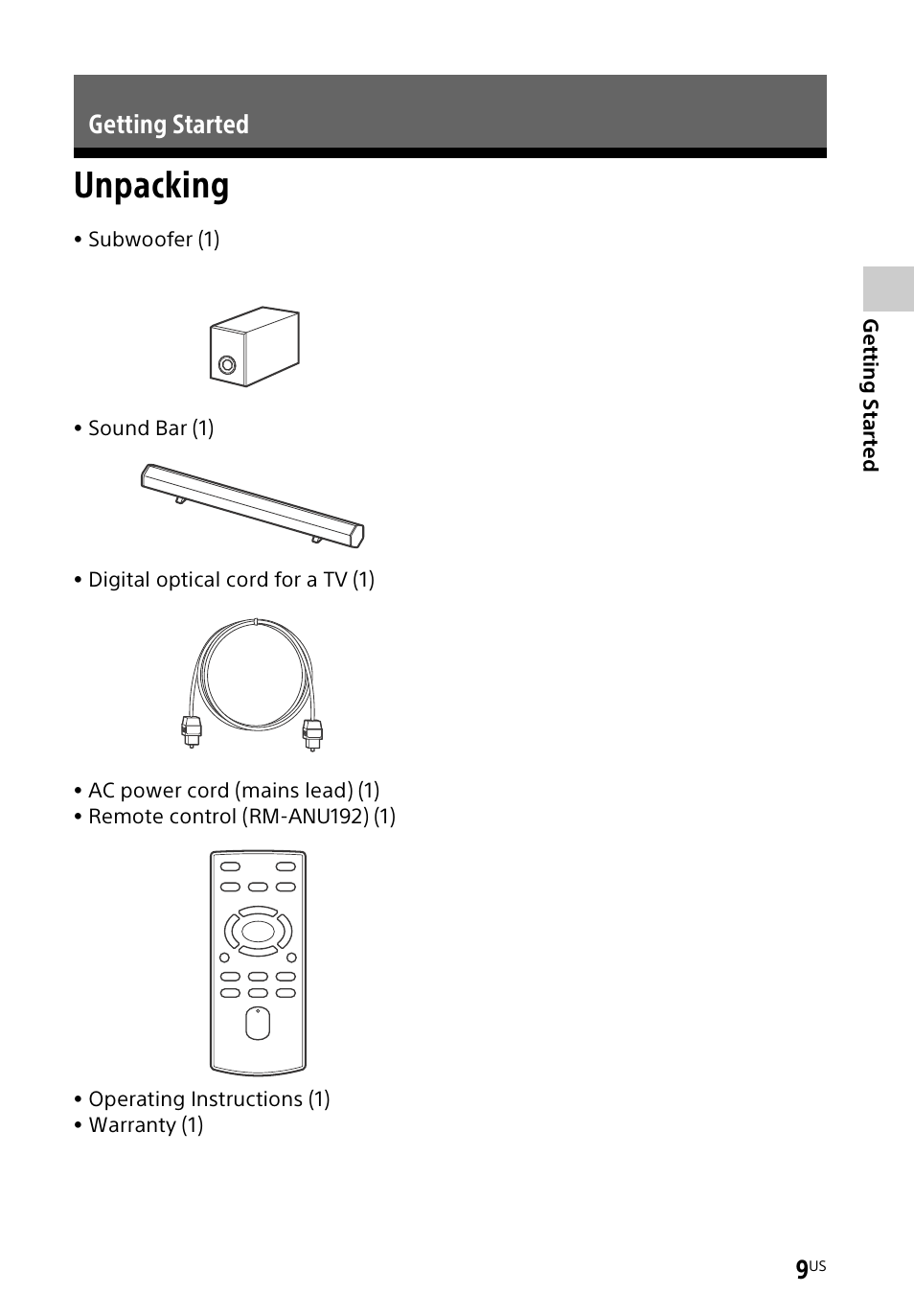Getting started, Unpacking | Sony HT-CT60BT User Manual | Page 9 / 88