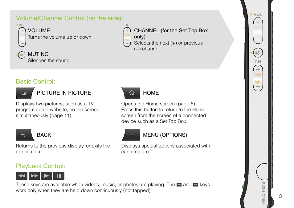 Playback control, Basic control, Volume/channel control (on the side) | Sony NSZ-GS7 User Manual | Page 3 / 16