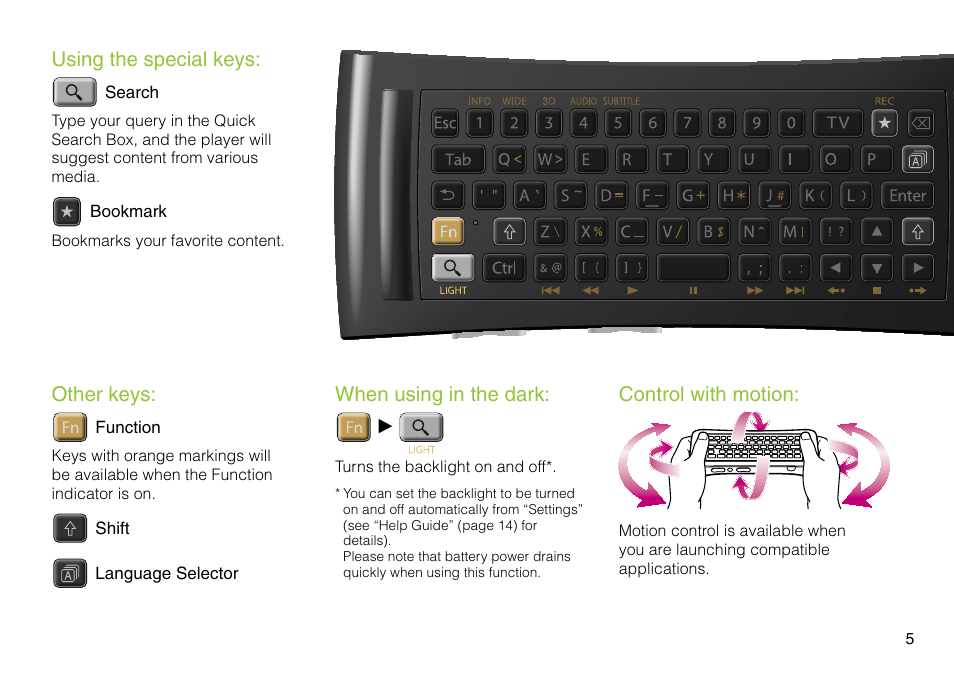 Control with motion, Using the special keys, Other keys | When using in the dark | Sony NSZ-GS7 User Manual | Page 5 / 16
