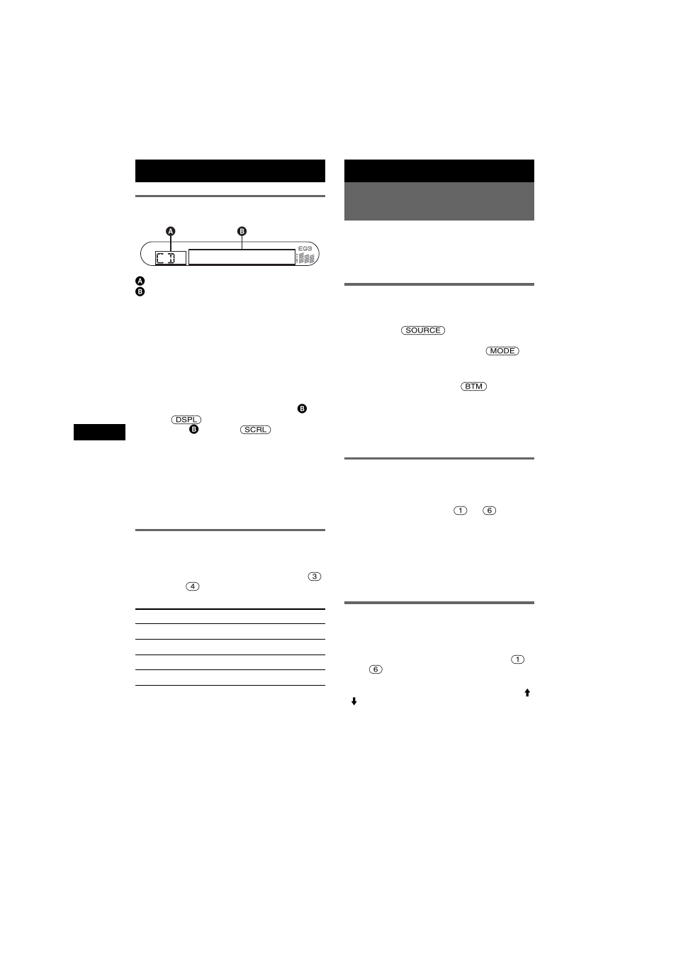 Elementos de la pantalla, Reproducción repetida y aleatoria, Radio | Almacenamiento y recepción de emisoras, Almacenamiento automático - btm, Almacenamiento manual, Recepción de las emisoras almacenadas, Reproducción repetida y aleatoria 1, Almacenamiento automático — btm 1, Almacenamiento manual 1 | Sony CDX-SW330 User Manual | Page 22 / 32