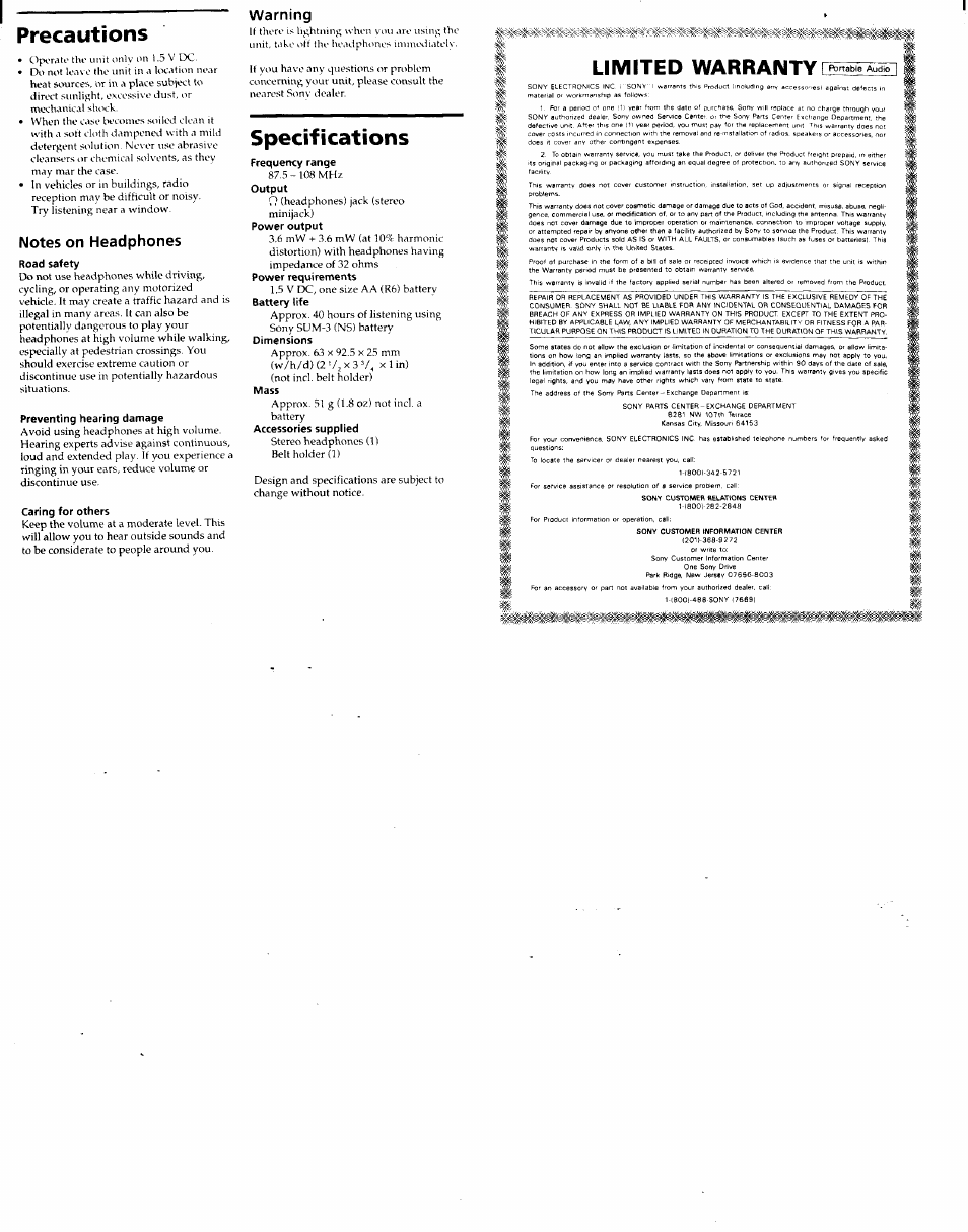 Precautions, Notes on headphones, Warning | Specifications, Limited warranty \~portable, Limited warranty | Sony SRF-46 User Manual | Page 2 / 2