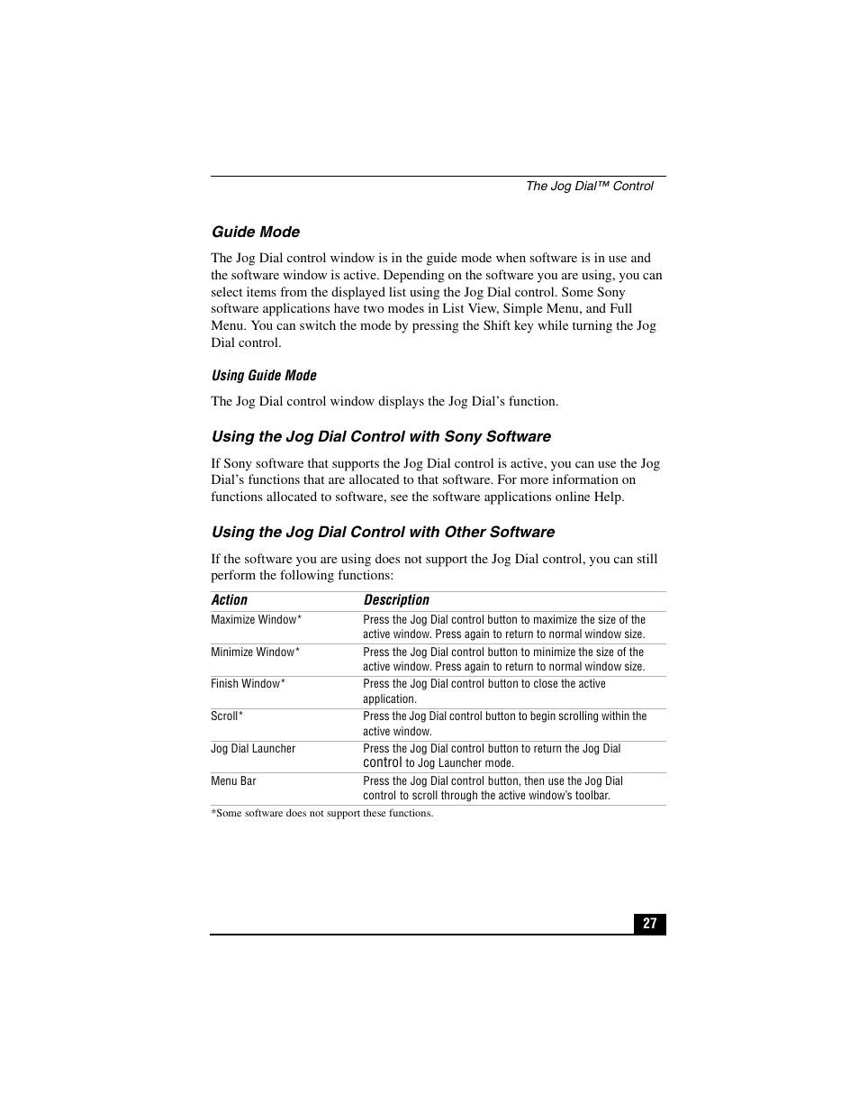 Using the jog dial control with sony software, Using the jog dial control with other software | Sony PCG-C1VPK User Manual | Page 27 / 124