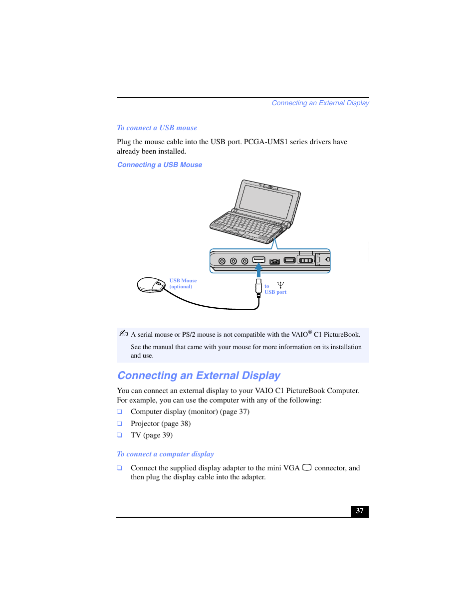 Connecting an external display | Sony PCG-C1VPK User Manual | Page 37 / 124