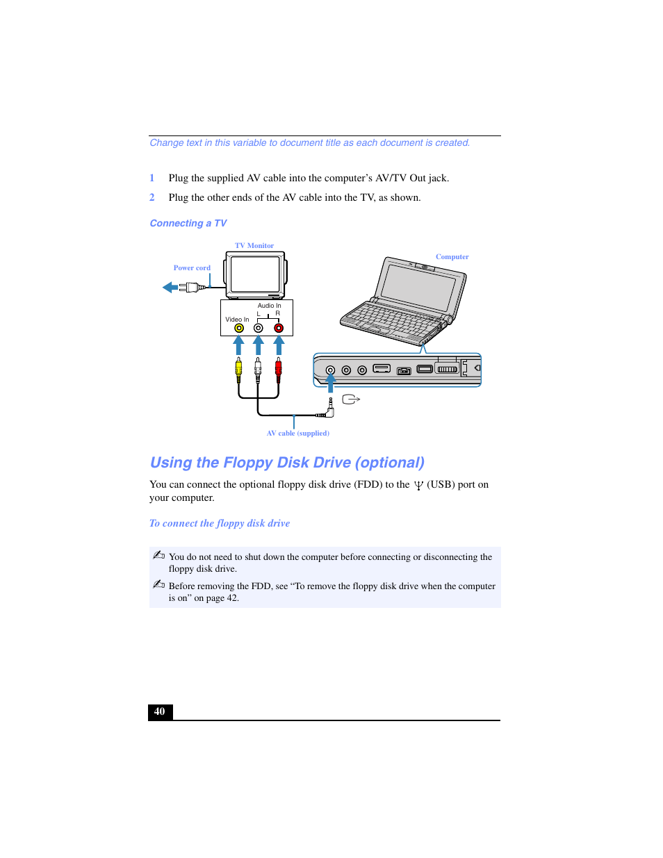 Using the floppy disk drive (optional) | Sony PCG-C1VPK User Manual | Page 40 / 124