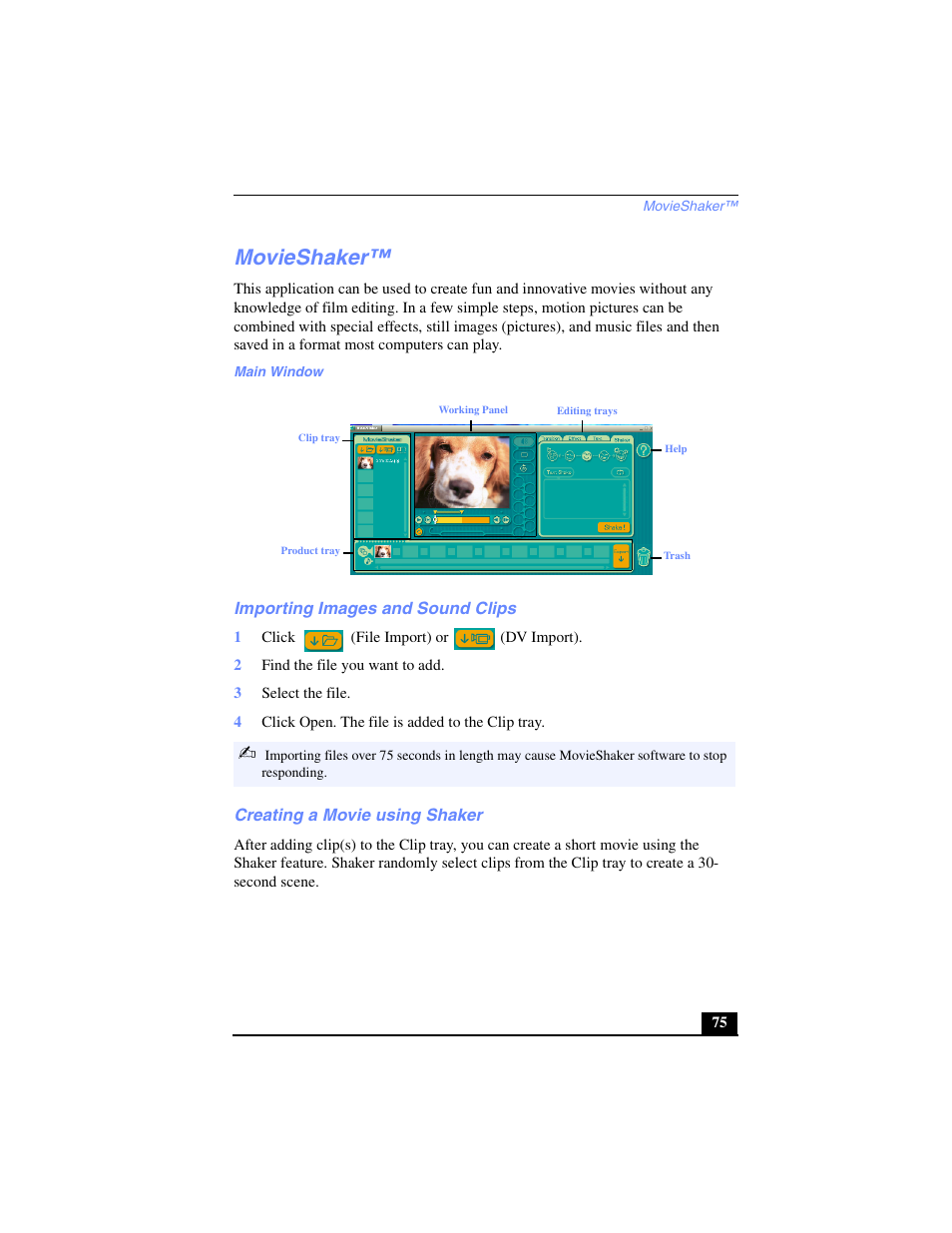Movieshaker, Importing images and sound clips, Creating a movie using shaker | Sony PCG-C1VPK User Manual | Page 75 / 124