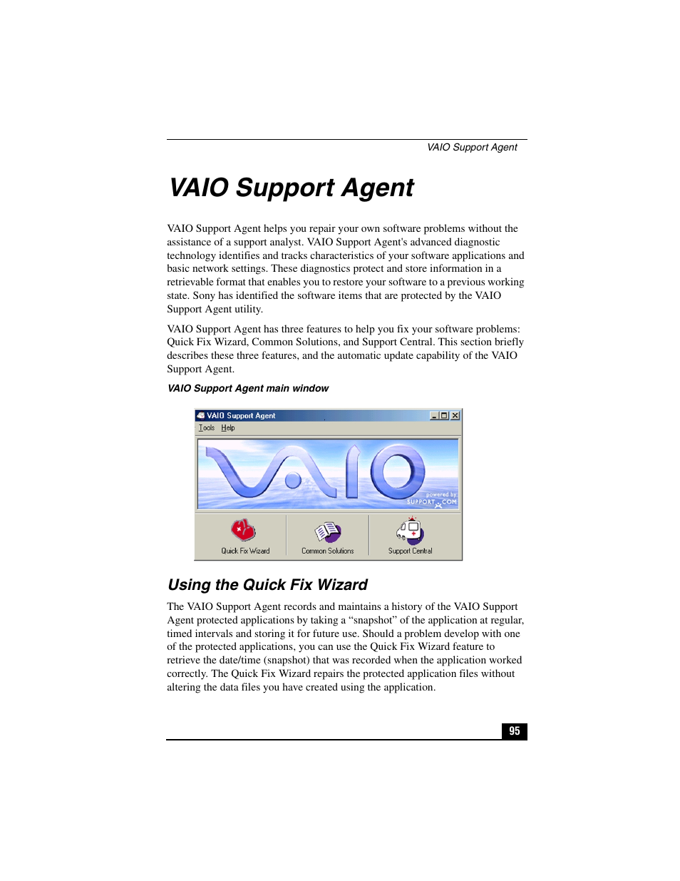 Vaio support agent, Using the quick fix wizard | Sony PCG-C1VPK User Manual | Page 95 / 124