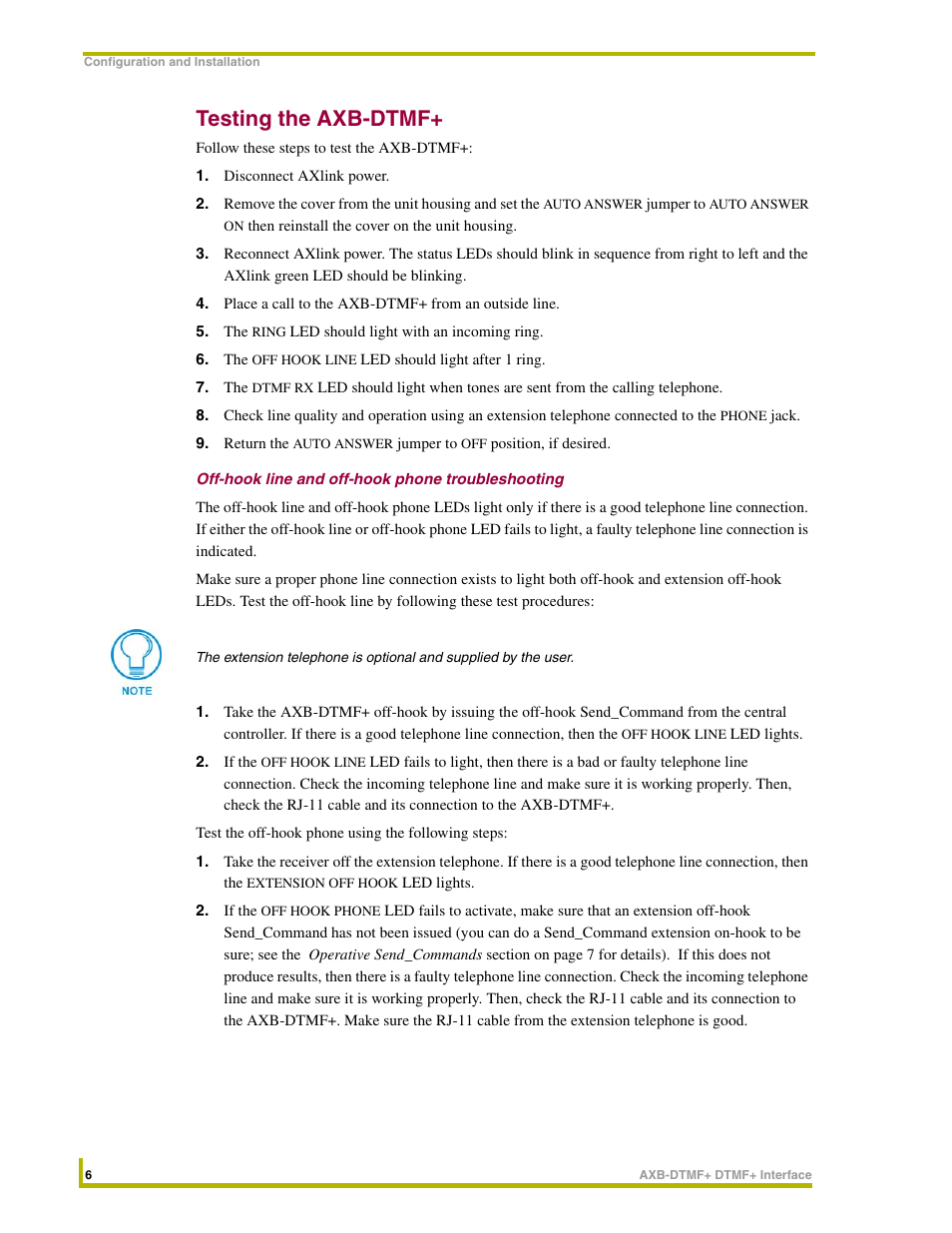 Testing the axb-dtmf, Off-hook line and off-hook phone troubleshooting | AMX DTMF+ Interface AXB-DTMF+ User Manual | Page 10 / 32