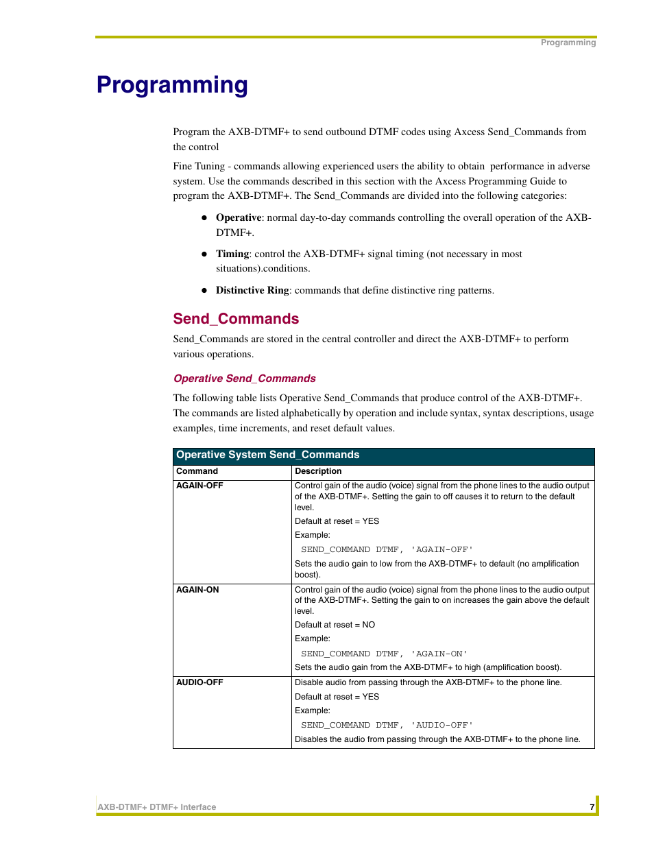 Programming, Send_commands, Operative send_commands | AMX DTMF+ Interface AXB-DTMF+ User Manual | Page 11 / 32