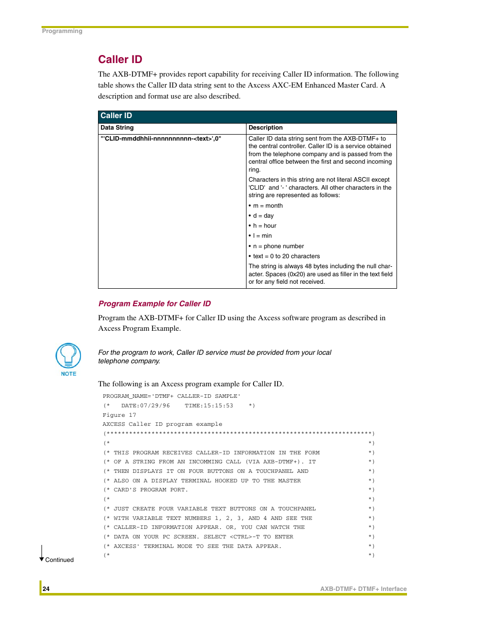 Caller id, Program example for caller id | AMX DTMF+ Interface AXB-DTMF+ User Manual | Page 28 / 32
