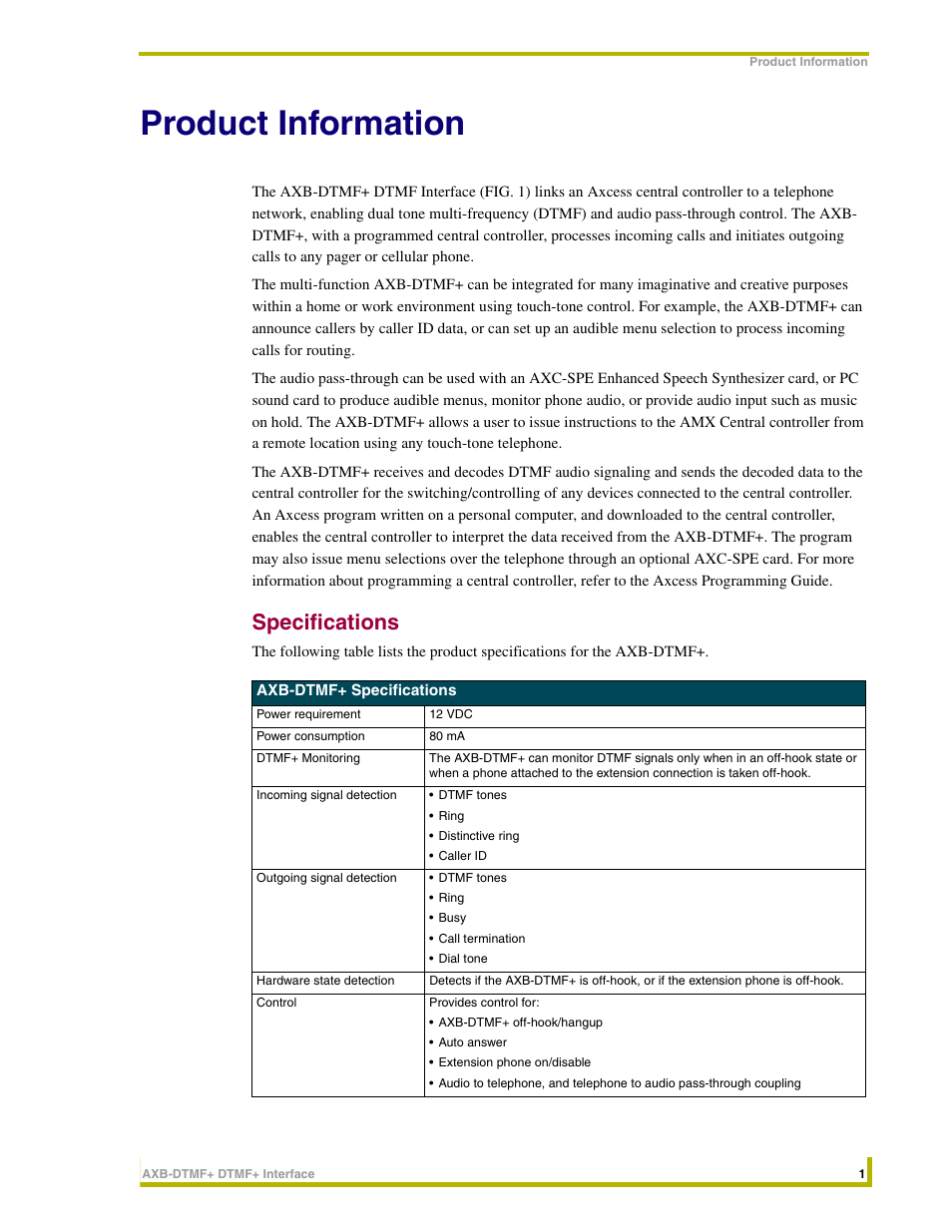 Product information, Specifications | AMX DTMF+ Interface AXB-DTMF+ User Manual | Page 5 / 32