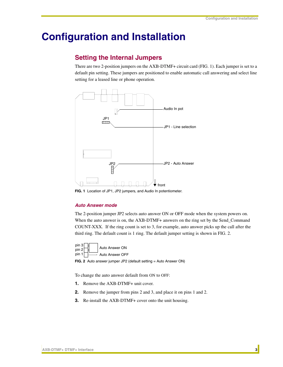 Configuration and installation, Setting the internal jumpers, Auto answer mode | AMX DTMF+ Interface AXB-DTMF+ User Manual | Page 7 / 32