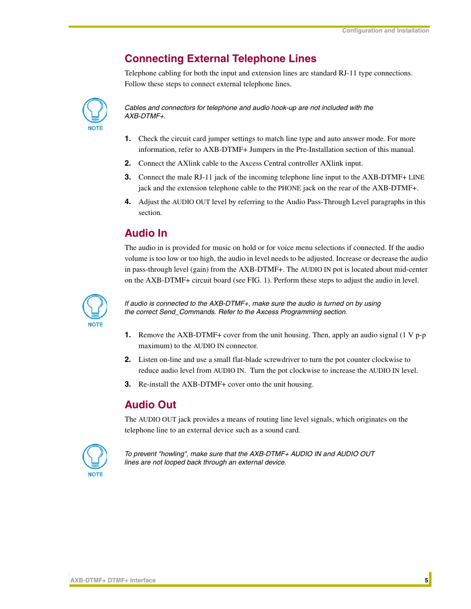 Connecting external telephone lines, Audio in, Audio out | AMX DTMF+ Interface AXB-DTMF+ User Manual | Page 9 / 32