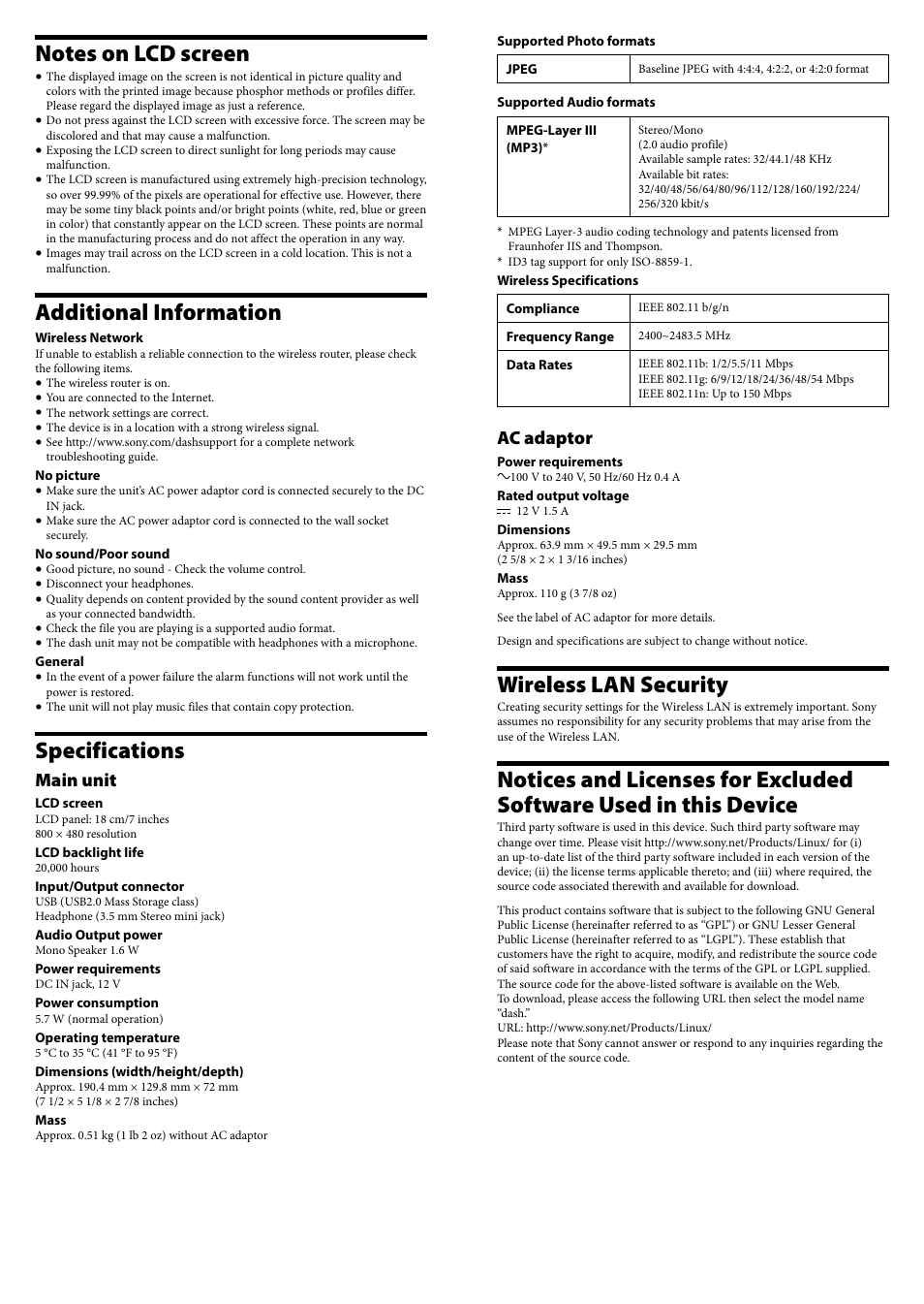 Additional information, Specifications, Wireless lan security | Main unit, Ac adaptor | Sony HID-B7 User Manual | Page 2 / 2