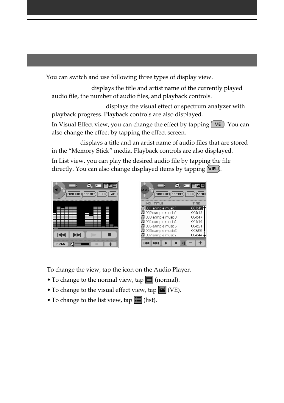 Switching the display view, 37 switching the display view, Playing audio files on your clie handheld | Sony PEG-N710C User Manual | Page 37 / 57