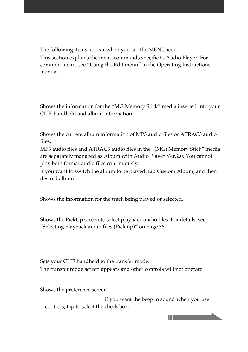 Audio player menu items | Sony PEG-N710C User Manual | Page 55 / 57