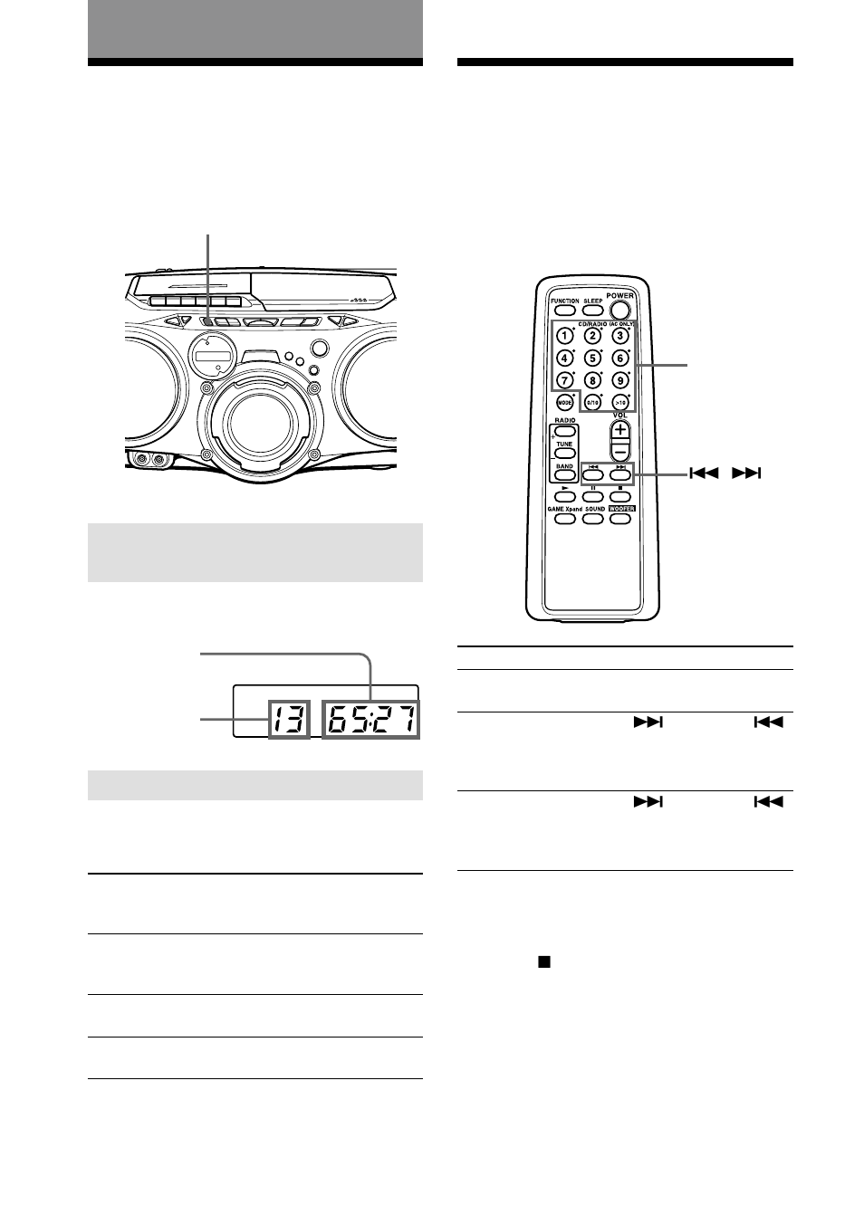 The cd player, Using the display, Locating a specific track | Using the display locating a specific track, 12 the cd player, Checking the remaining time, Checking the total track number and playing time | Sony CFD-G70 User Manual | Page 12 / 28