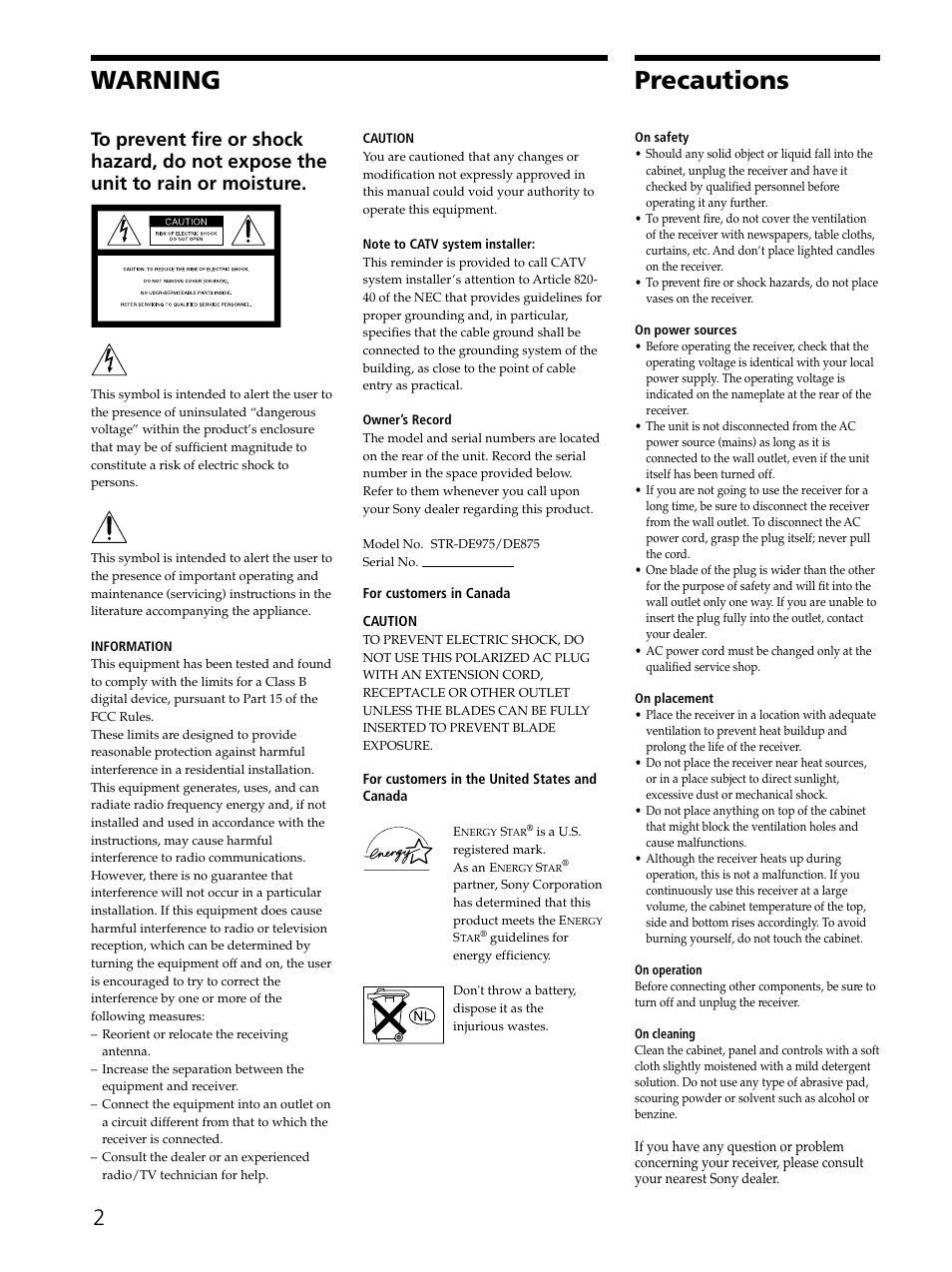 Warning, Precautions | Sony STR-DE975 User Manual | Page 2 / 72