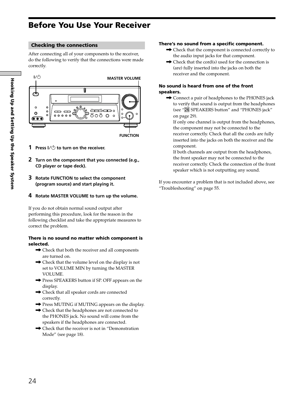 Before you use your receiver 24, Before you use your receiver, Checking the connections | Press ?/1 to turn on the receiver, Master volume function 1/u | Sony STR-DE975 User Manual | Page 24 / 72