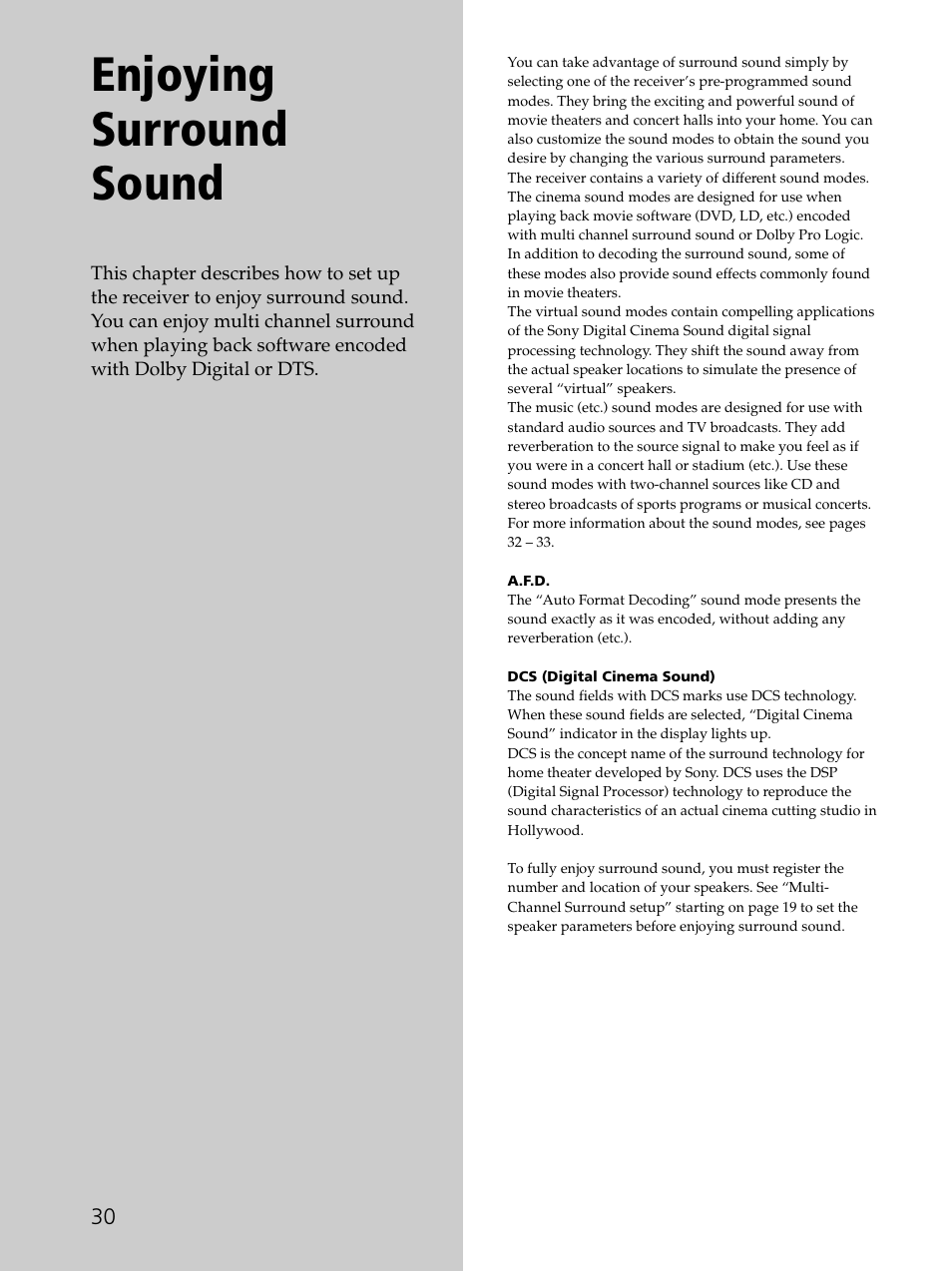 Enjoying surround sound | Sony STR-DE975 User Manual | Page 30 / 72