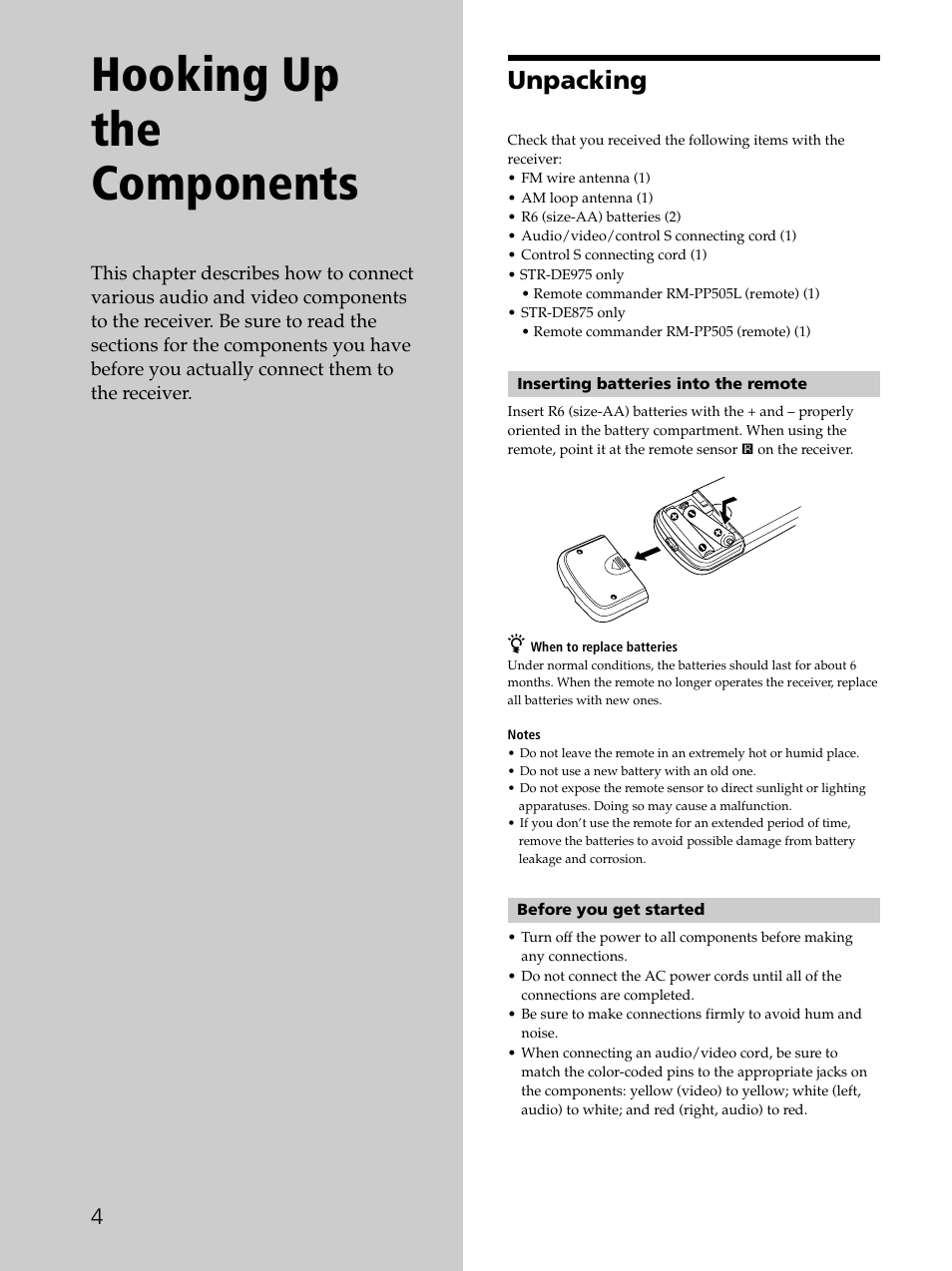 Hooking up the components, Unpacking 4, Unpacking | Sony STR-DE975 User Manual | Page 4 / 72