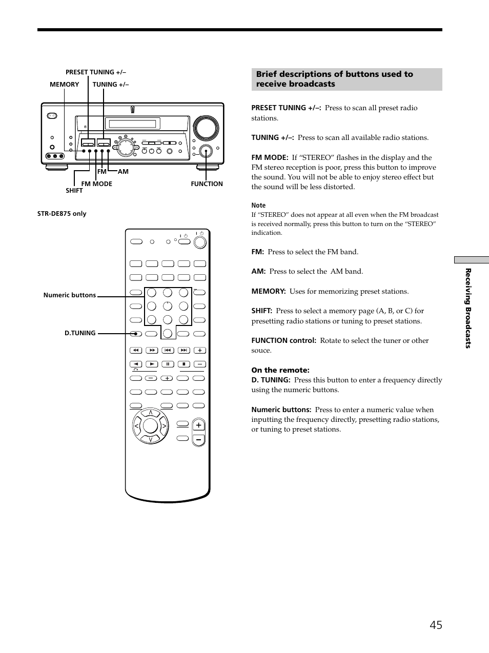 Receiving br oadcasts, D.tuning numeric buttons str-de875 only | Sony STR-DE975 User Manual | Page 45 / 72