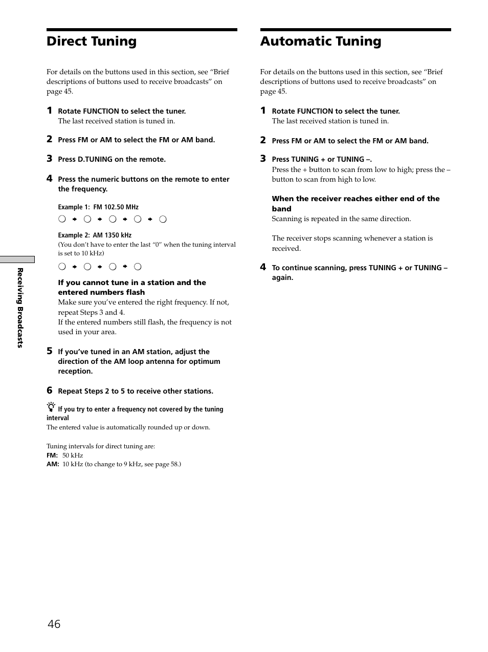 Direct tuning 46 automatic tuning 46, Direct tuning, Automatic tuning | Sony STR-DE975 User Manual | Page 46 / 72