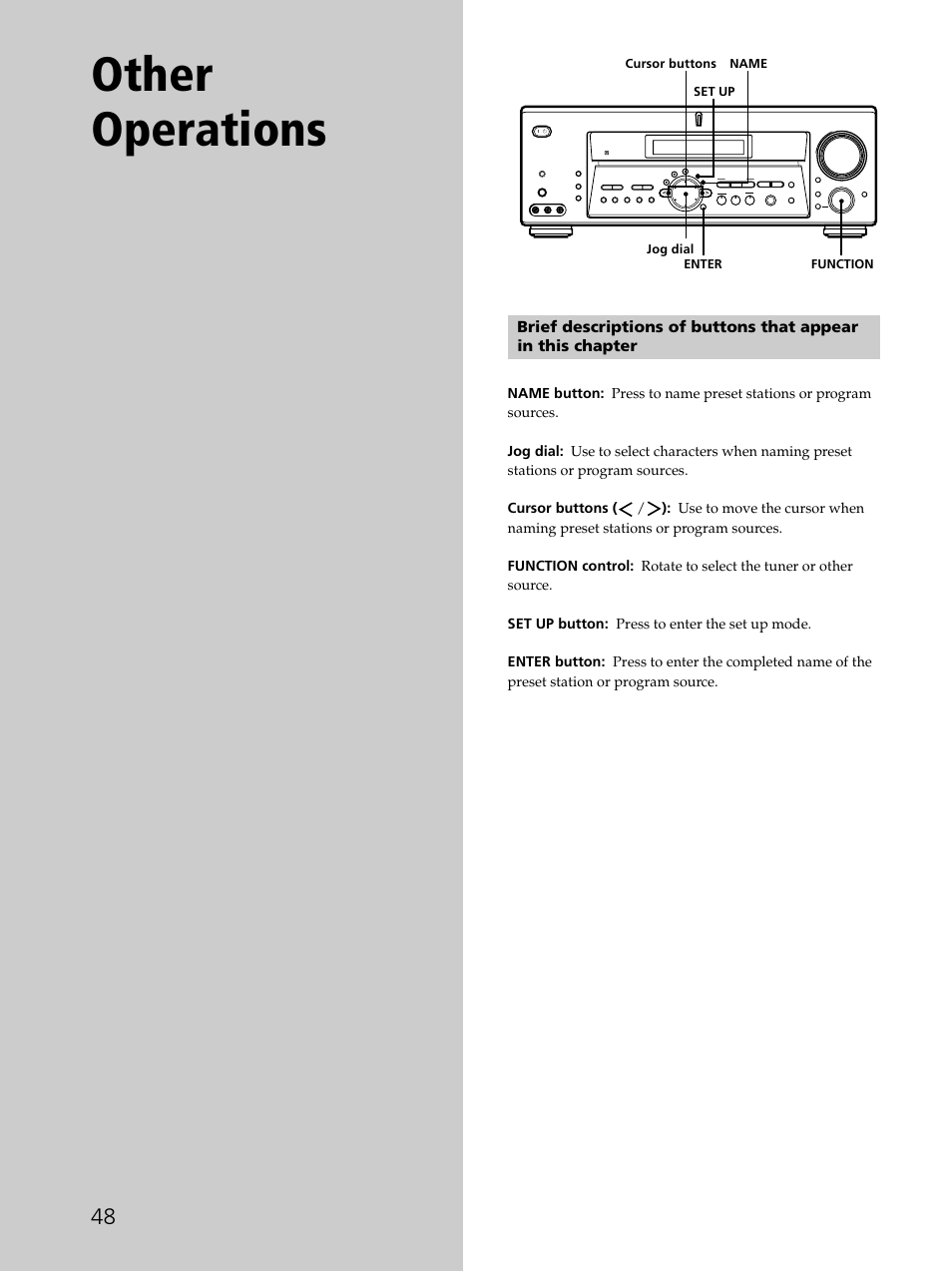 Other operations, Function name set up enter cursor buttons jog dial | Sony STR-DE975 User Manual | Page 48 / 72