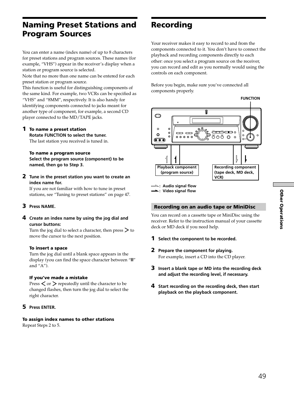 Naming preset stations and program sources, Recording, Recording on an audio tape or minidisc | Other operations, Press name, Select the component to be recorded, Function, Ç : audio signal flow c : video signal flow | Sony STR-DE975 User Manual | Page 49 / 72