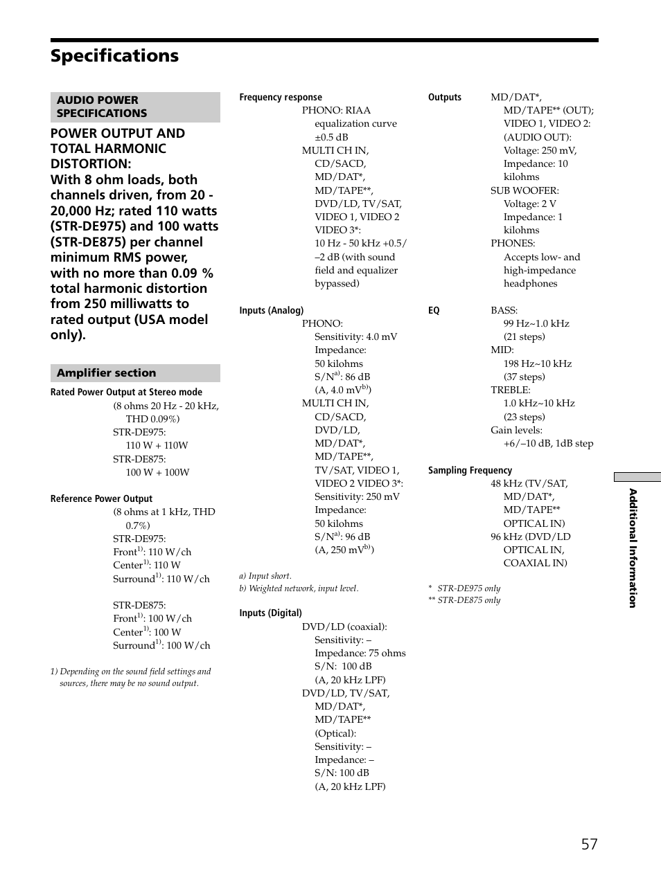 Specifications | Sony STR-DE975 User Manual | Page 57 / 72