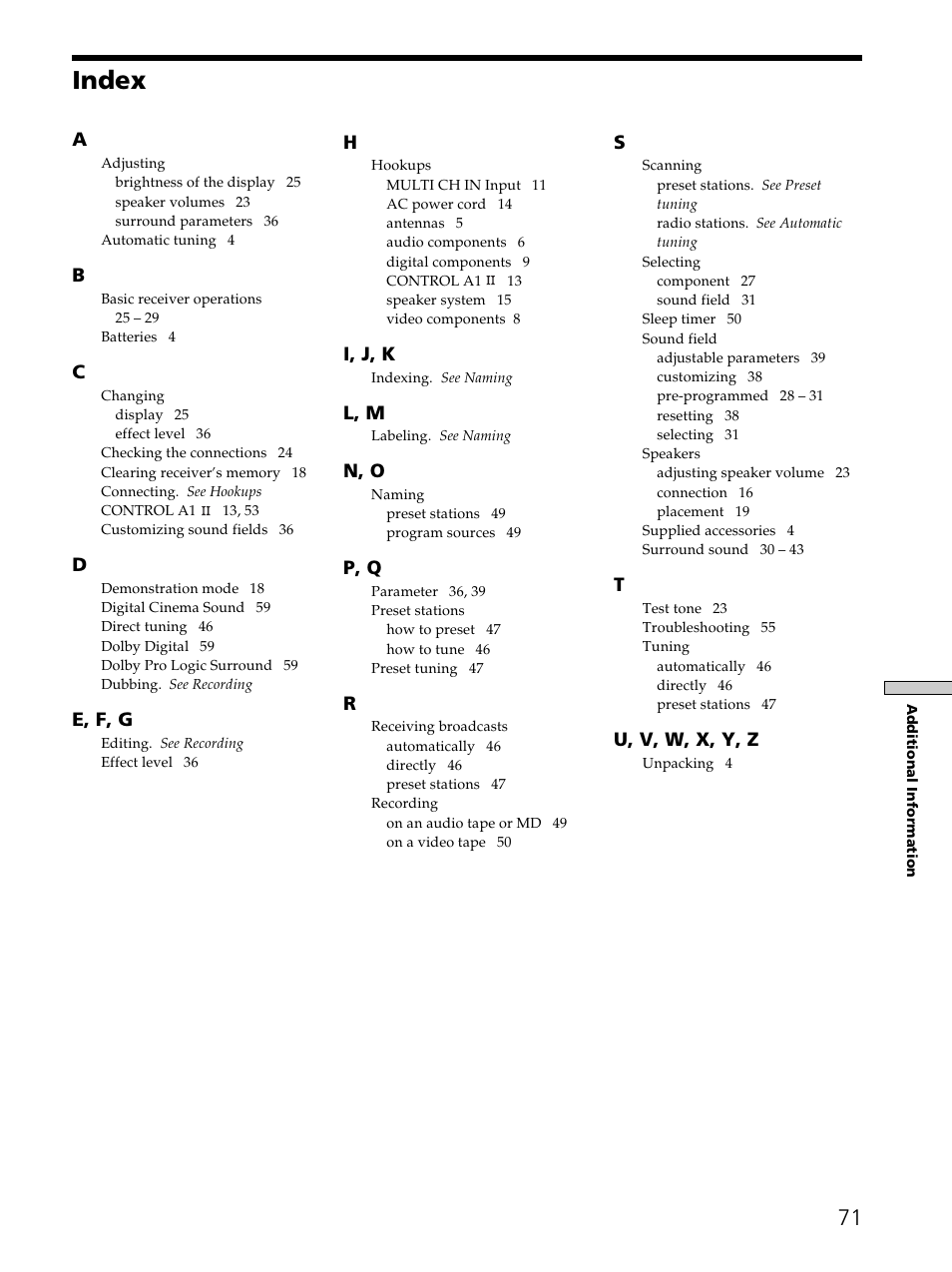 Index | Sony STR-DE975 User Manual | Page 71 / 72