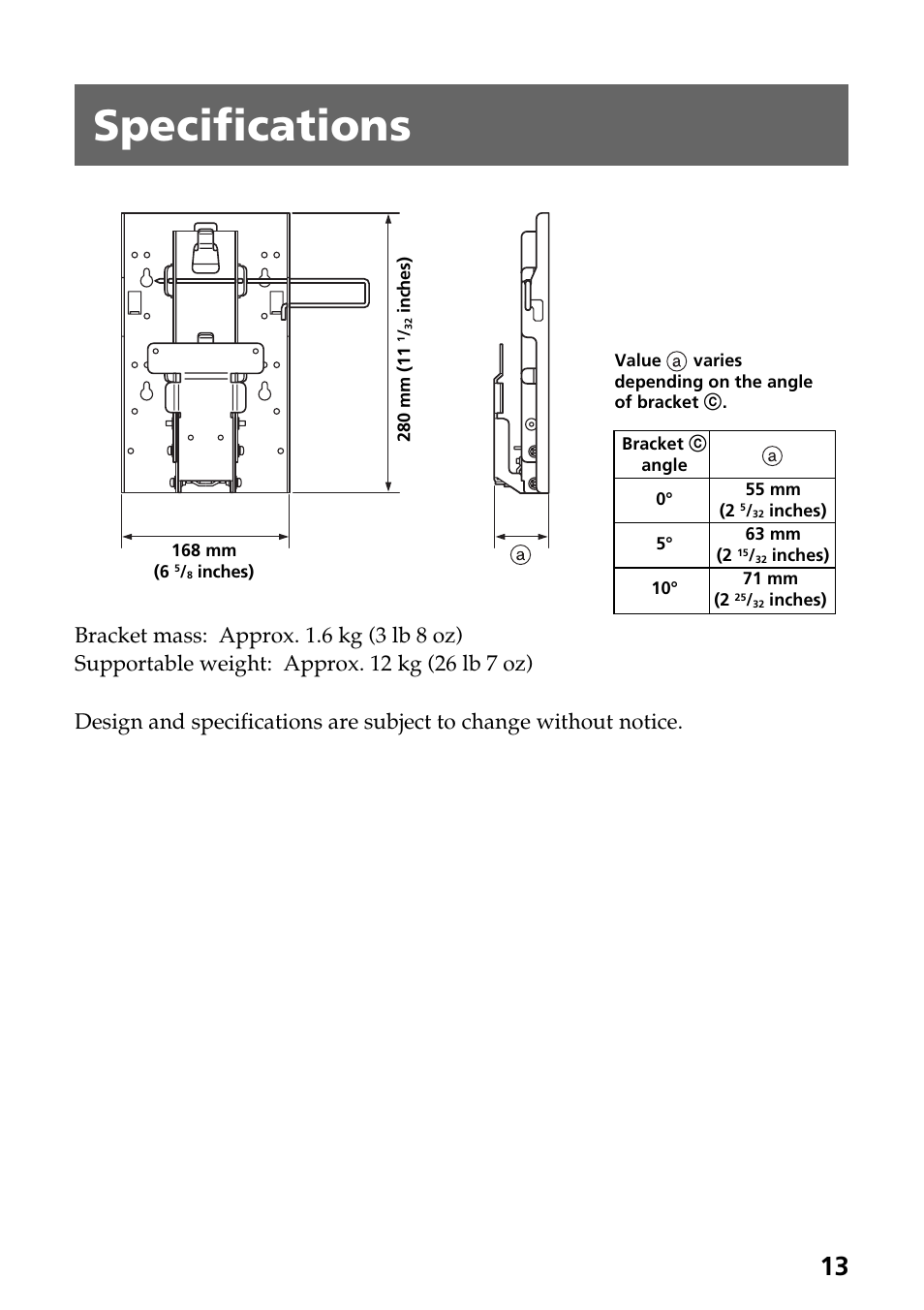 Specifications | Sony SU-W210 User Manual | Page 13 / 40