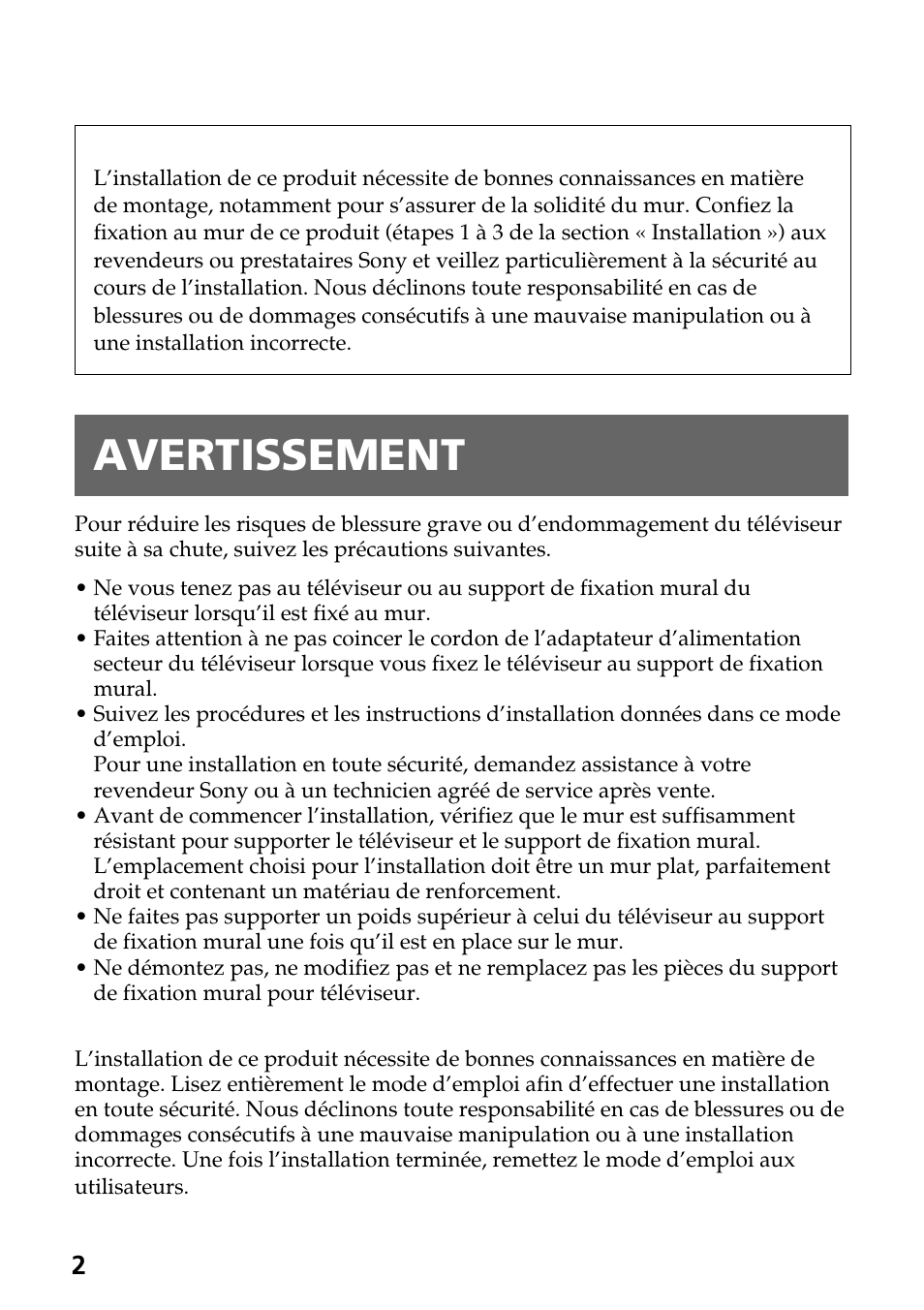 Avertissement | Sony SU-W210 User Manual | Page 14 / 40