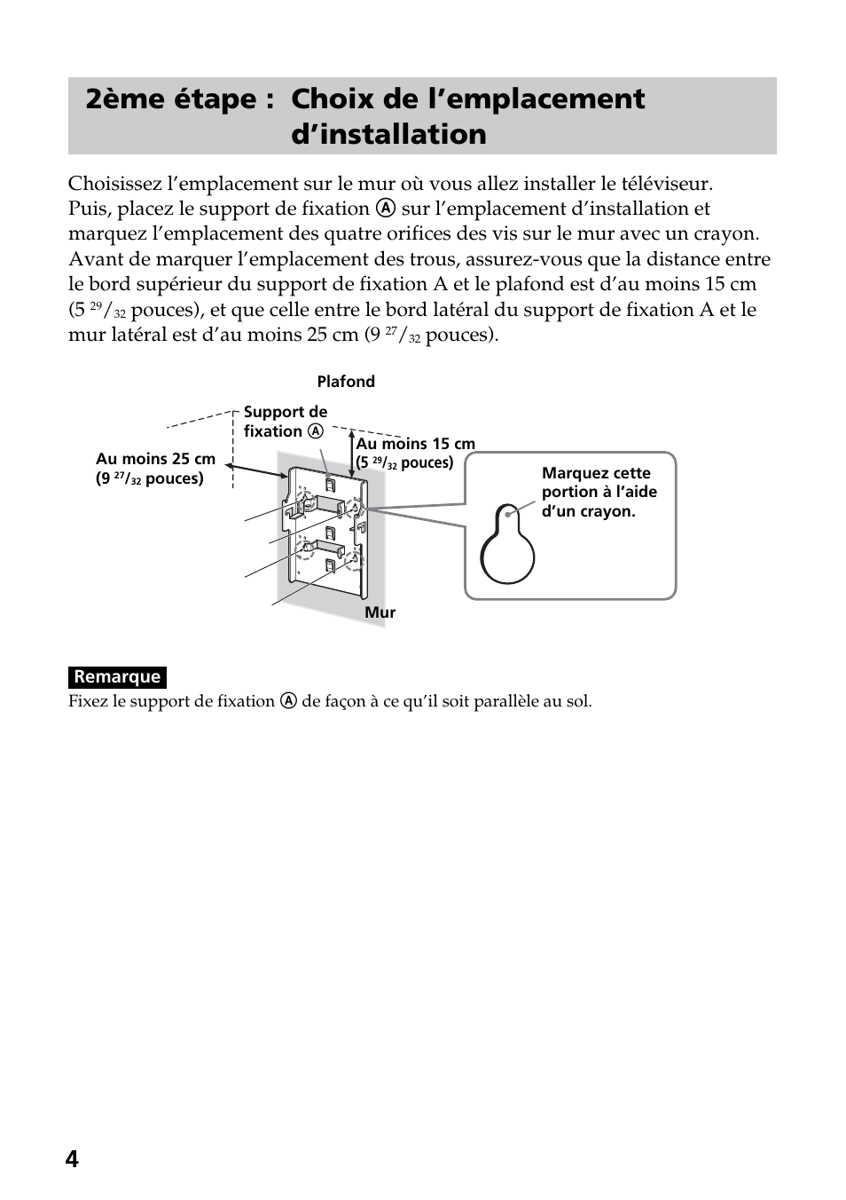 2ème étape : choix de l’emplacement d’installation, Pouces) | Sony SU-W210 User Manual | Page 16 / 40