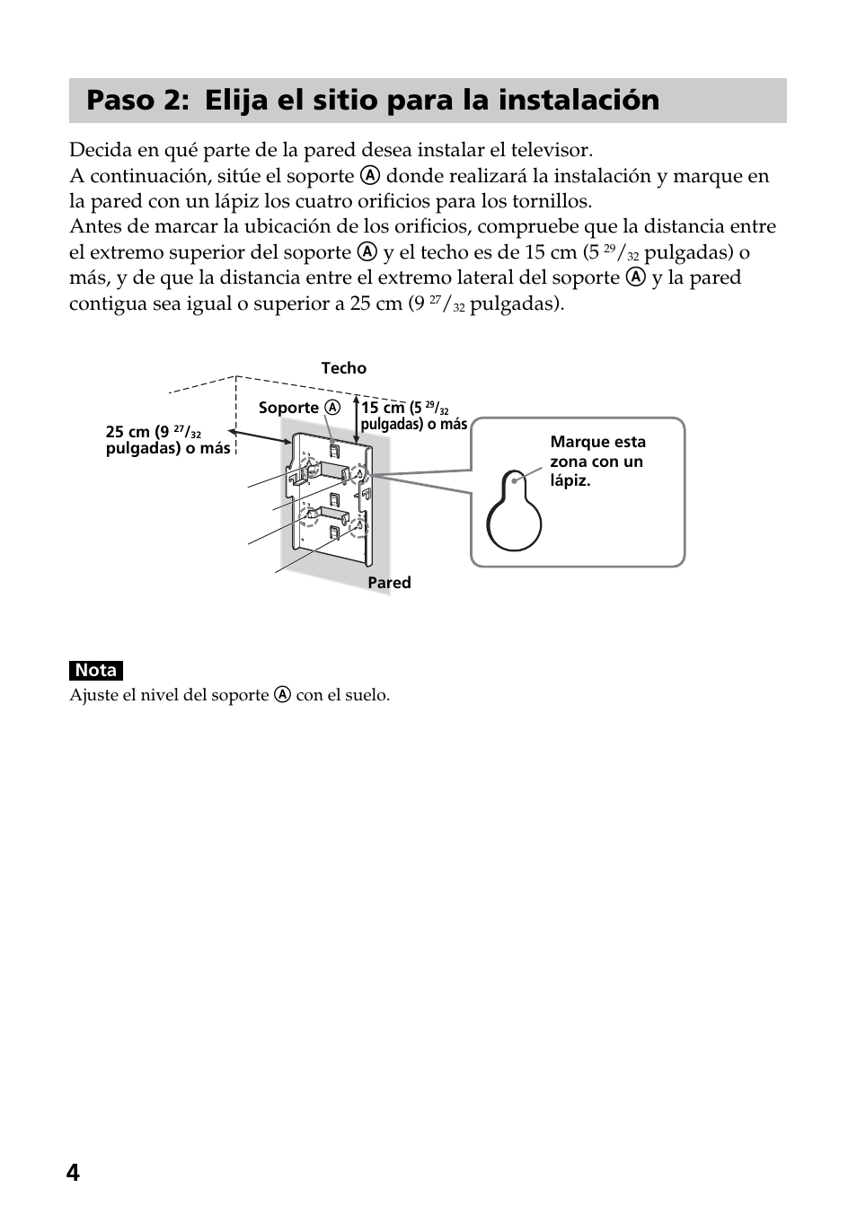 Paso 2: elija el sitio para la instalación, Pulgadas) | Sony SU-W210 User Manual | Page 28 / 40