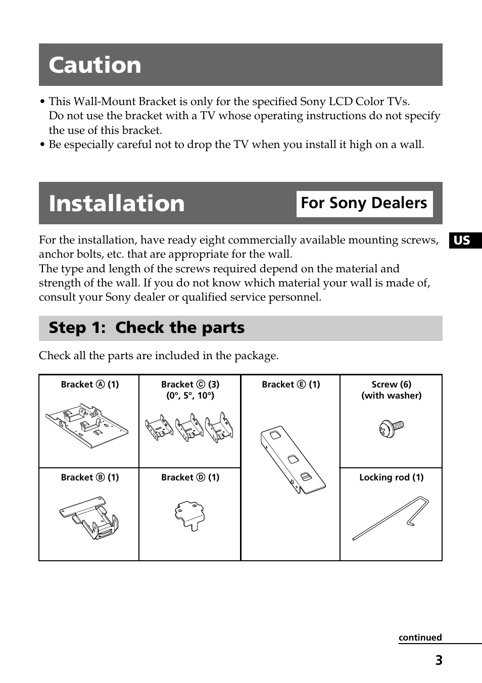Caution, Installation for sony dealers, Step 1: check the parts | Installation, For sony dealers | Sony SU-W210 User Manual | Page 3 / 40