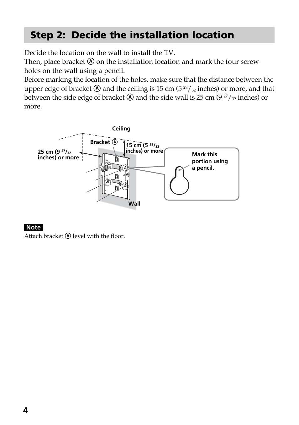 Step 2: decide the installation location, Inches) or more | Sony SU-W210 User Manual | Page 4 / 40