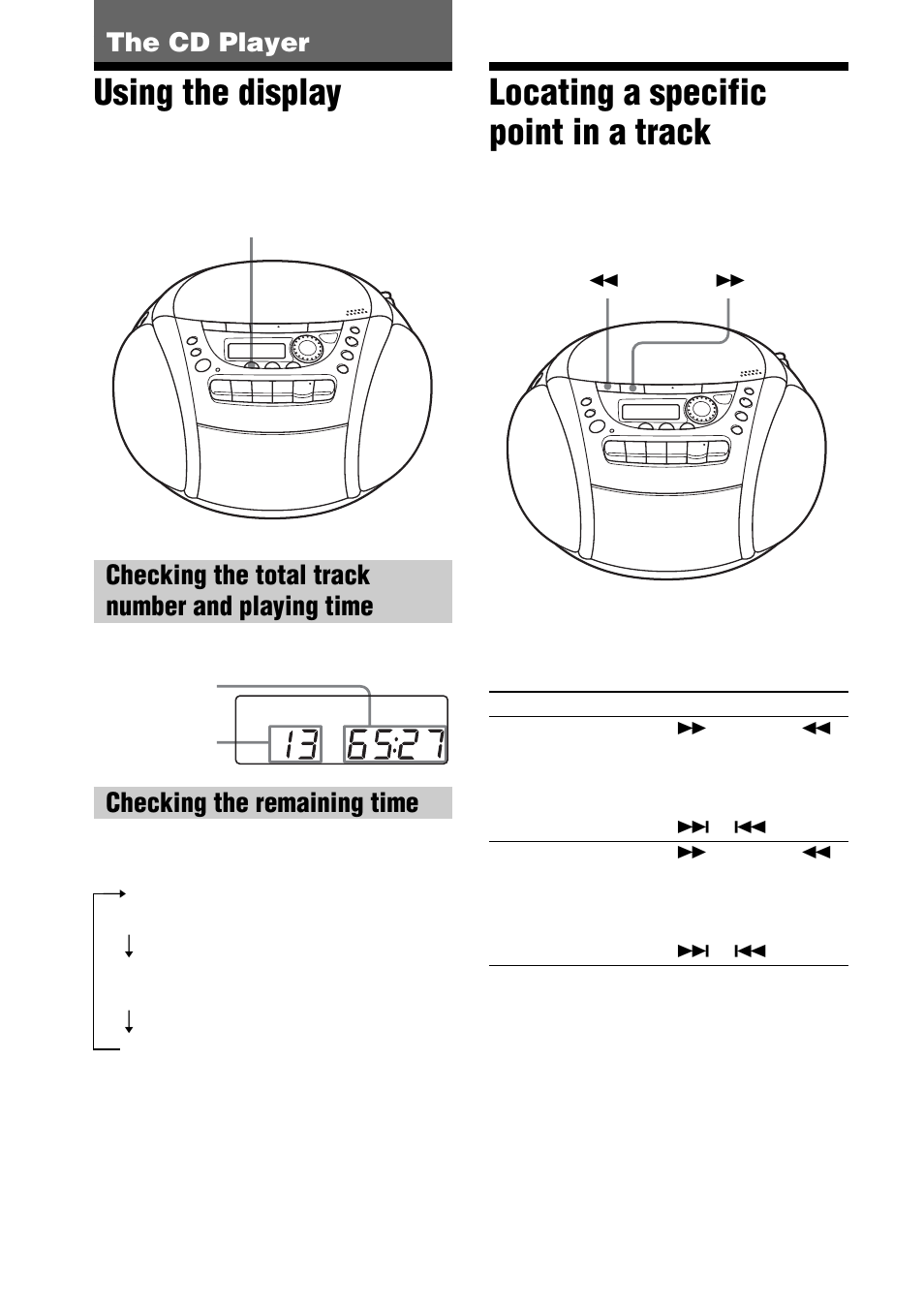 The cd player, Using the display, Locating a specific point in a track | 12 the cd player, Checking the total track number and playing time, Checking the remaining time | Sony CFD-E90 User Manual | Page 12 / 32