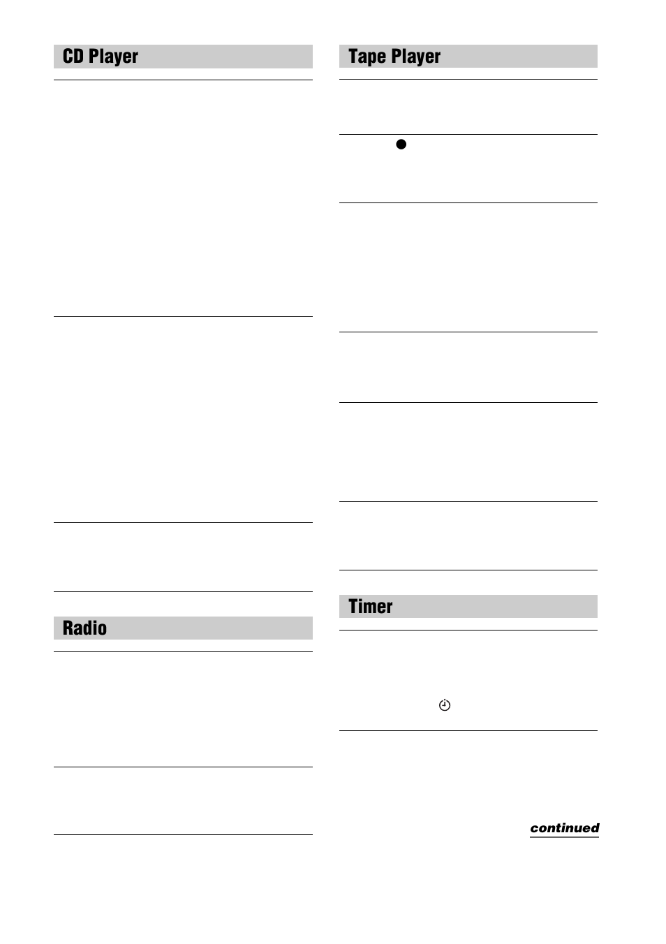 27 cd player, Radio, Tape player | Timer | Sony CFD-E90 User Manual | Page 27 / 32