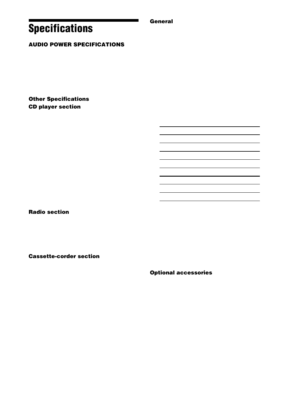 Specifications, General, Optional accessories | Sony CFD-E90 User Manual | Page 30 / 32