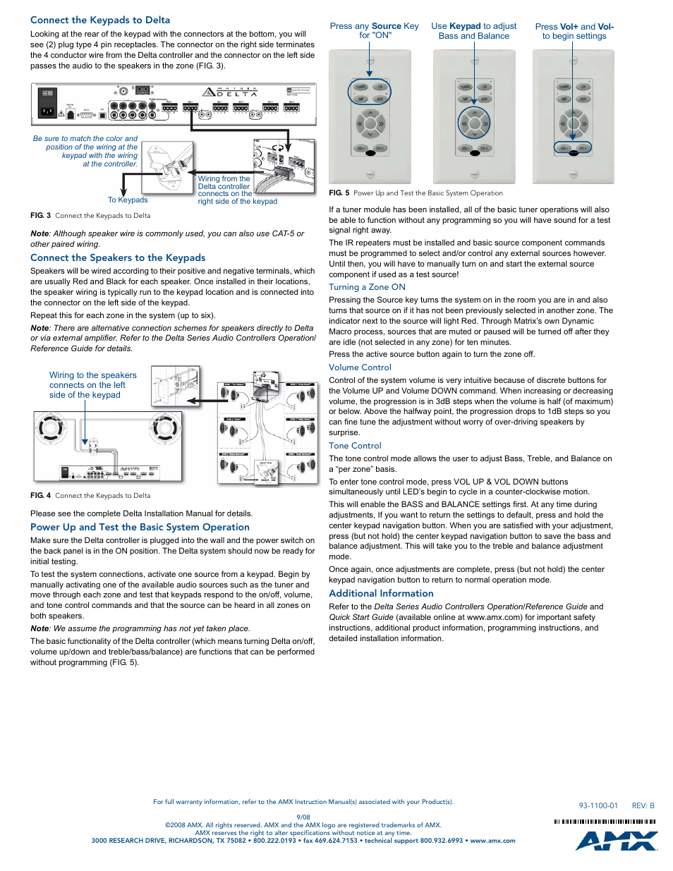 Connect the keypads to delta, Connect the speakers to the keypads, Power up and test the basic system operation | Turning a zone on, Volume control, Tone control, Additional information | AMX Distributed Audio Controllers Delta Series User Manual | Page 2 / 2