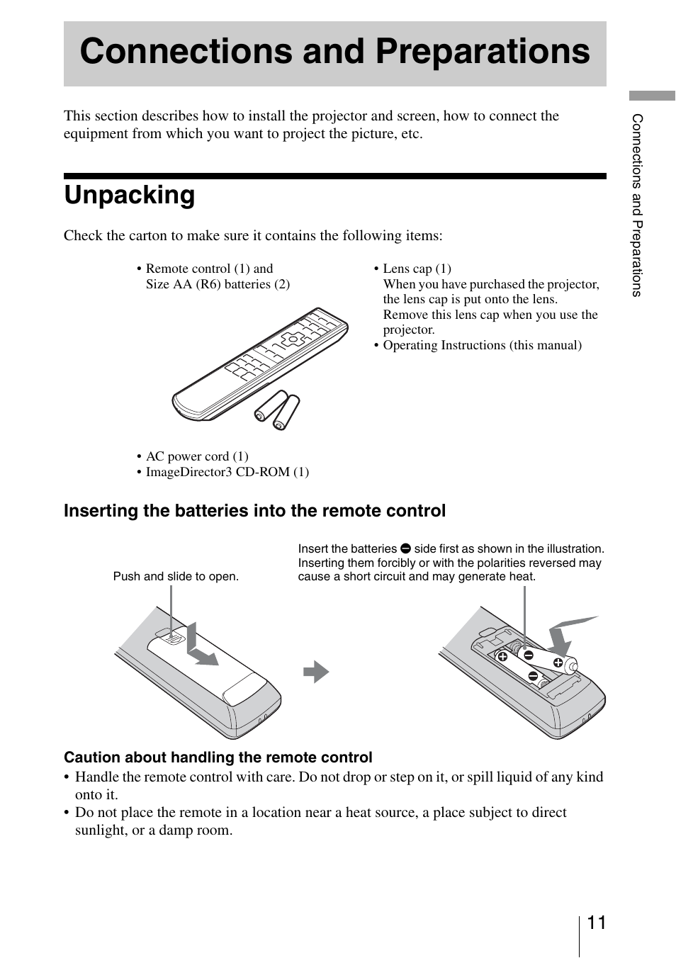 Connections and preparations, Unpacking | Sony VPL-VW40 User Manual | Page 11 / 80