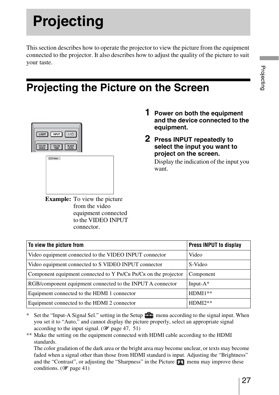 Projecting, Projecting the picture on the screen, Ange | Sony VPL-VW40 User Manual | Page 27 / 80