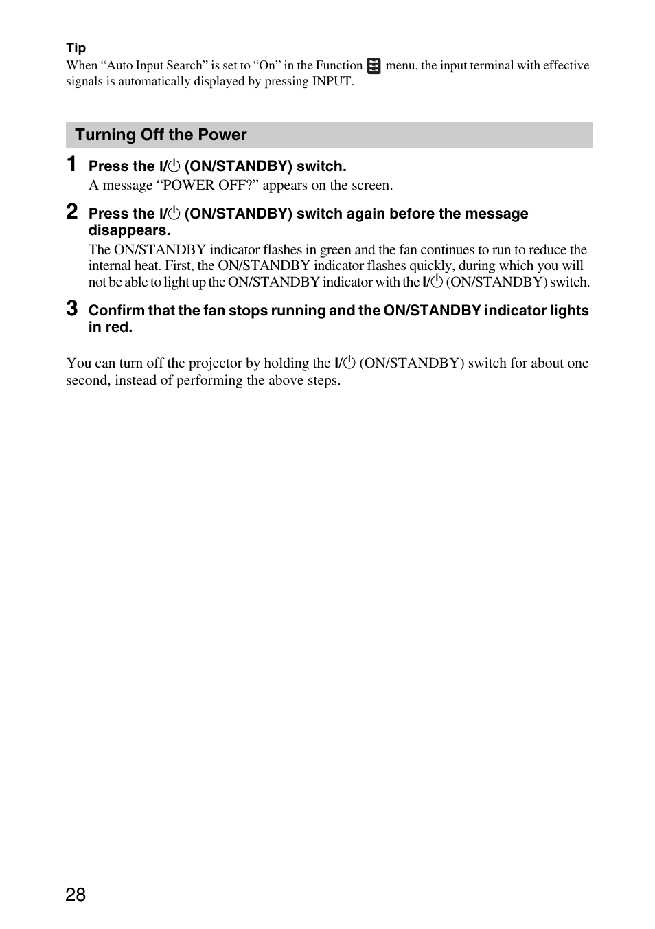 Turning off the power | Sony VPL-VW40 User Manual | Page 28 / 80