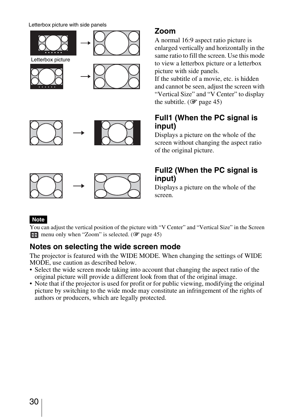 Zoom, Full1 (when the pc signal is input), Full2 (when the pc signal is input) | Sony VPL-VW40 User Manual | Page 30 / 80