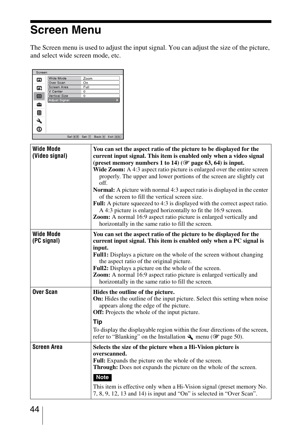 Screen menu | Sony VPL-VW40 User Manual | Page 44 / 80