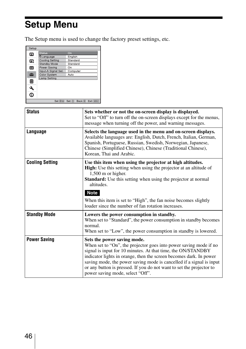 Setup menu | Sony VPL-VW40 User Manual | Page 46 / 80