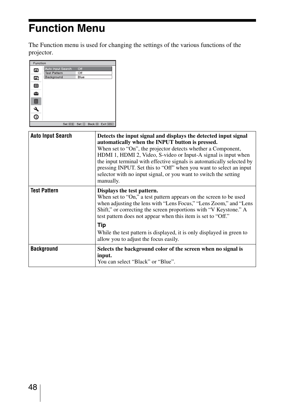 Function menu | Sony VPL-VW40 User Manual | Page 48 / 80