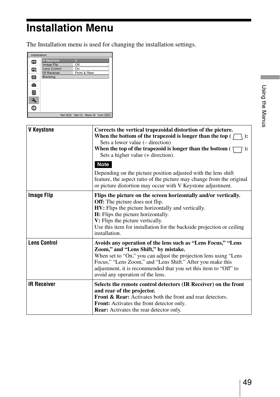 Installation menu, And the focus | Sony VPL-VW40 User Manual | Page 49 / 80